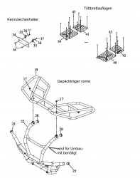 FRONT LUGGAGE CARRIER, NUMBER PLATE HOLDER, FOOT PLATES